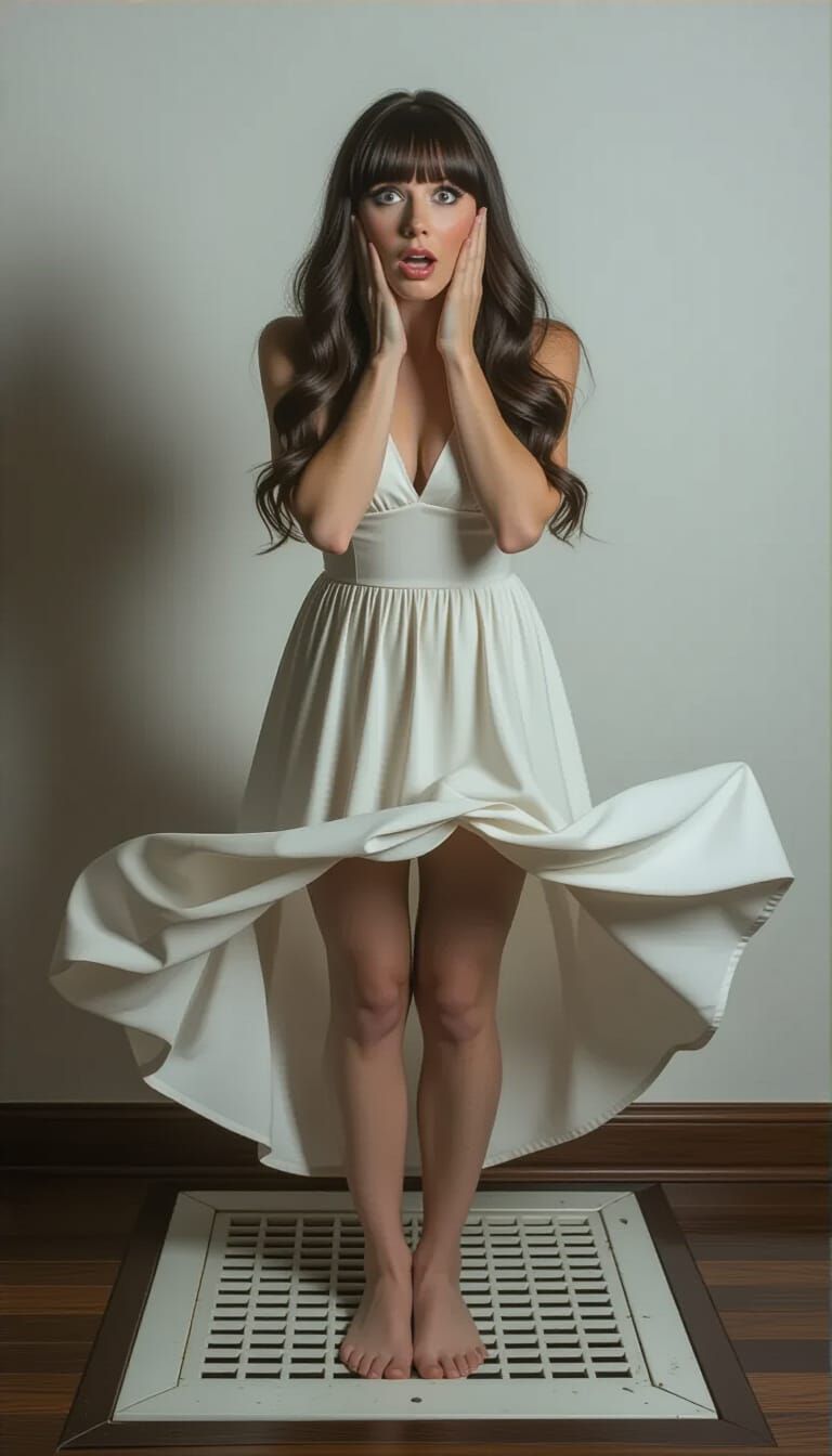 Surprised Woman's Dress Billows Over Floor Vent