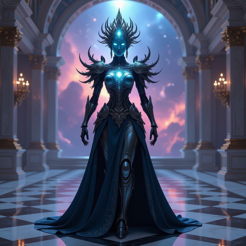 Ethereal Robot Queen in Baroque Ballroom