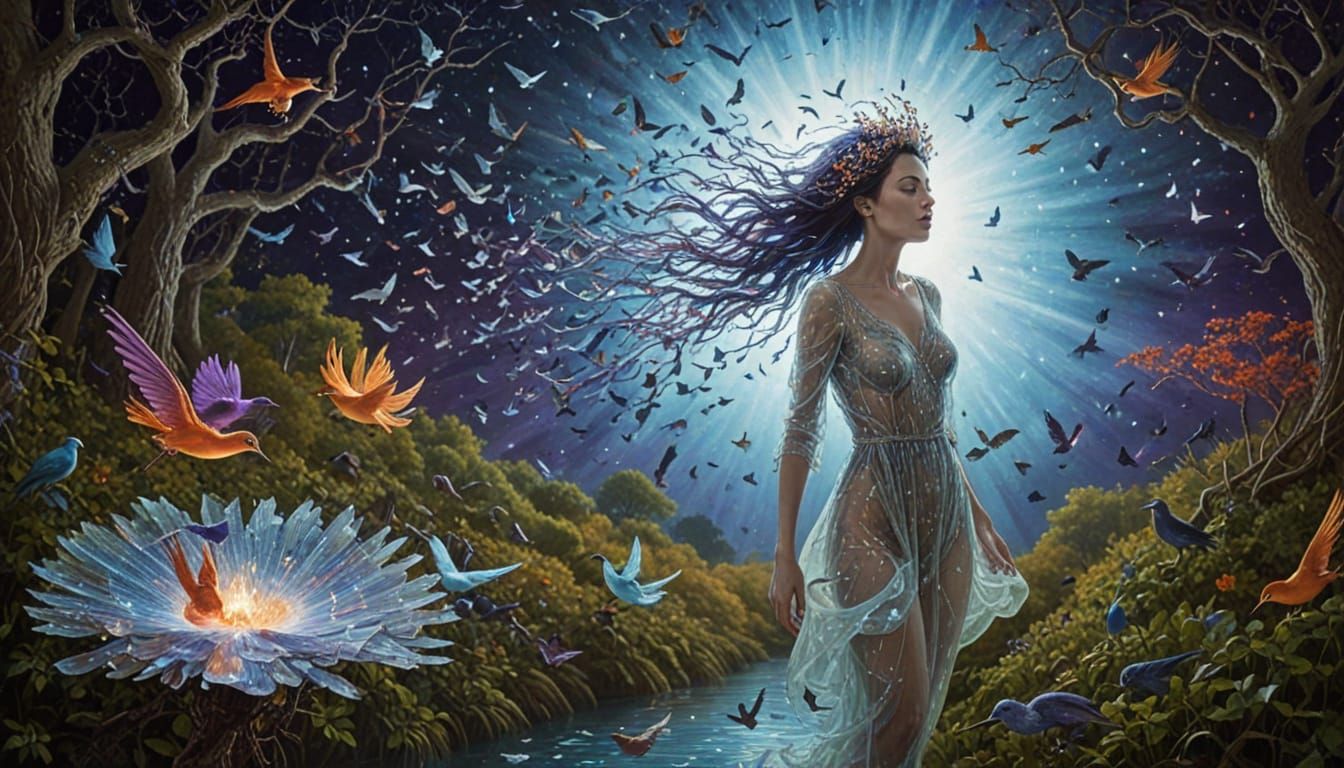 Surreal Transformation: Woman Dissolves into Birds