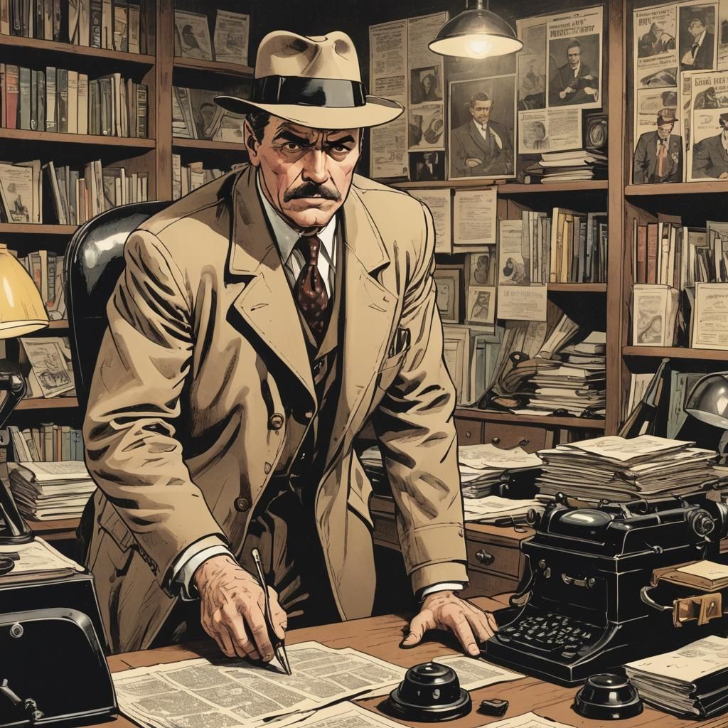 Old-Time Detective at Desk in Comic Style