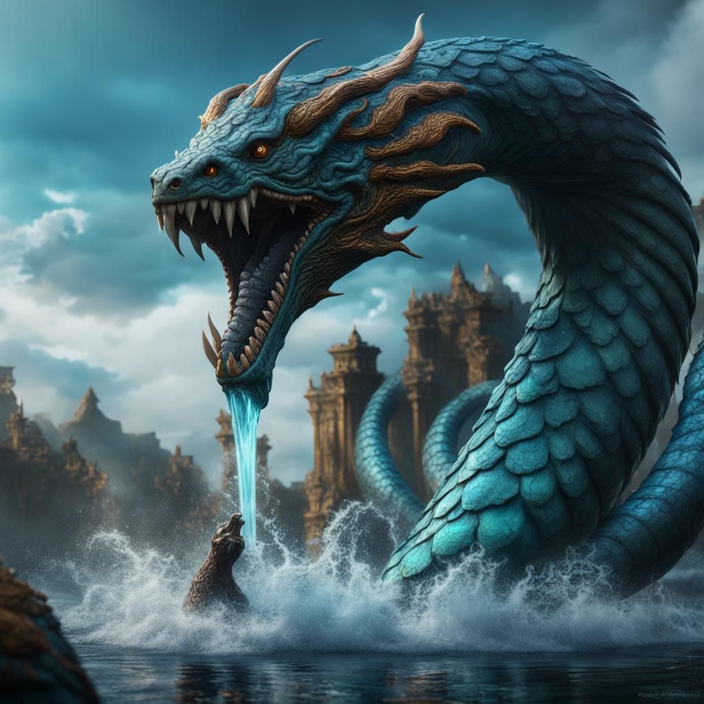 Water Serpent Elemental Creature Attack: Detailed Matte Pain...