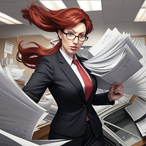 A secretary fighting a whirlwind of paper coming out of the ...