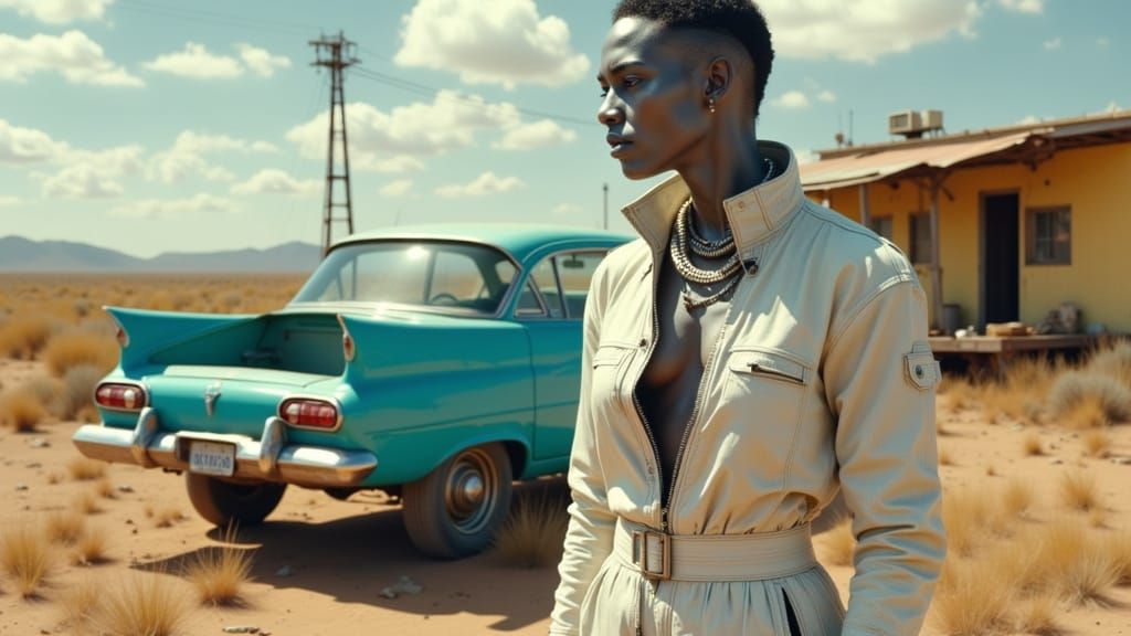 Grey Skinned Figure in White Jumpsuit by Turquoise Car in Sa...