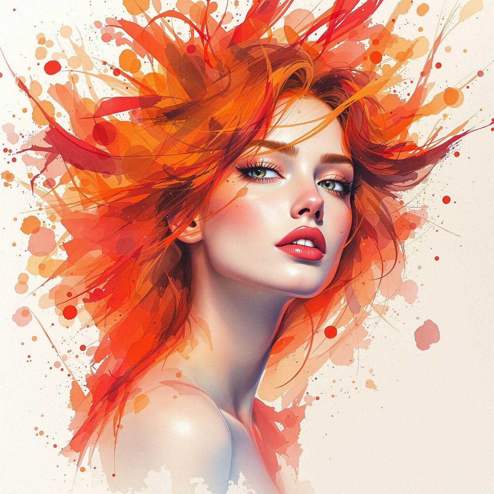 Woman with Fiery Red Hair in Vibrant Watercolor