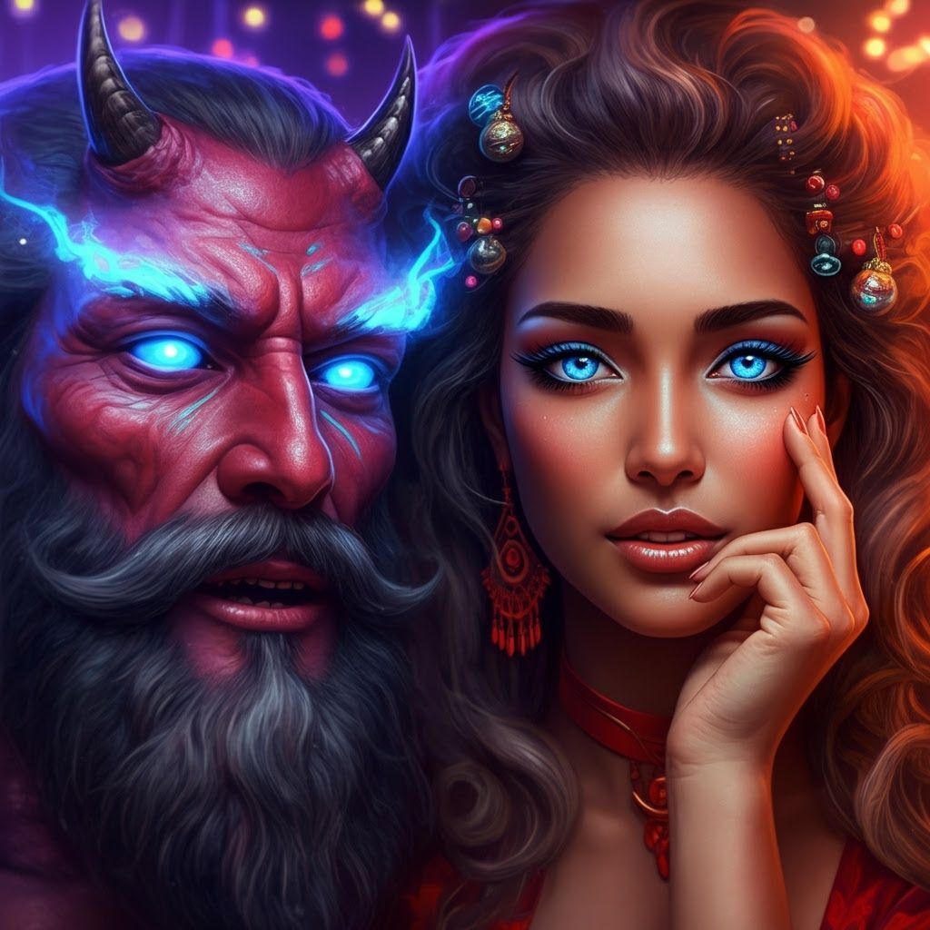 A woman and a demon with glowing eyes are close.