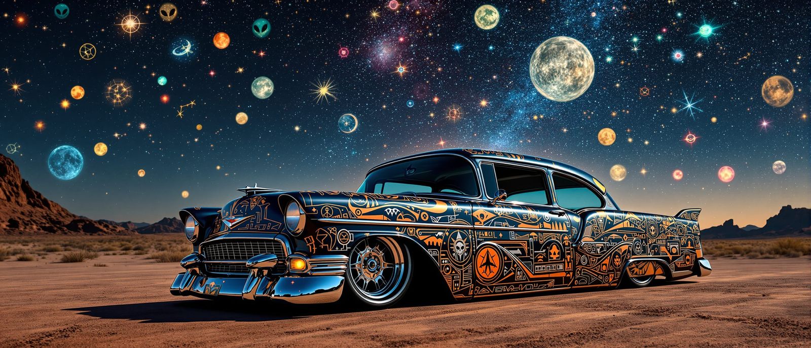 1950s Aztec Lowrider on Desert Road Under Alien Sky