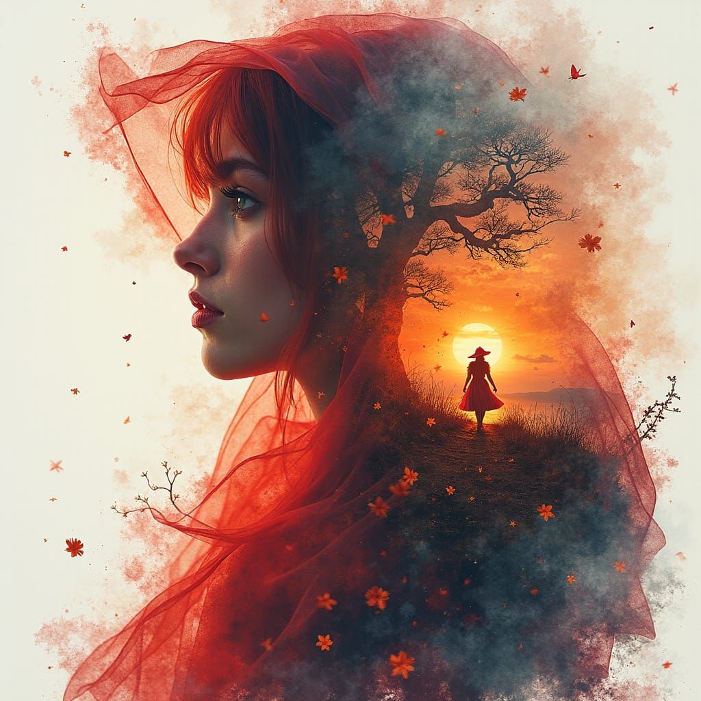 close up red riding hood Digital watercolor Illustration with Dual Exposure of landscape sunset inside...