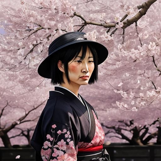 Crying Figure Under Cherry Blossoms: Woodblock Print Style