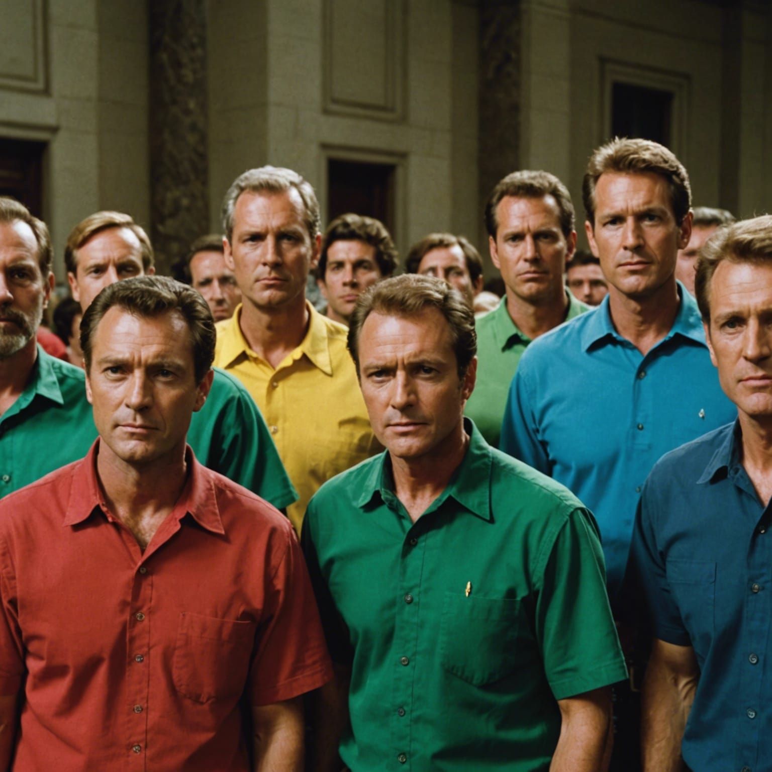 Politicians in Colorful Shirts: Cinematic Film Still