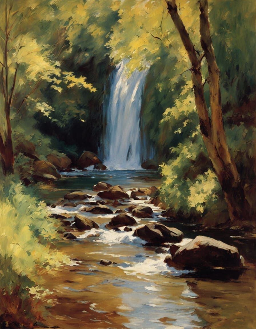 Misty Tropical Waterfall in the Style of Impressionist Maste...