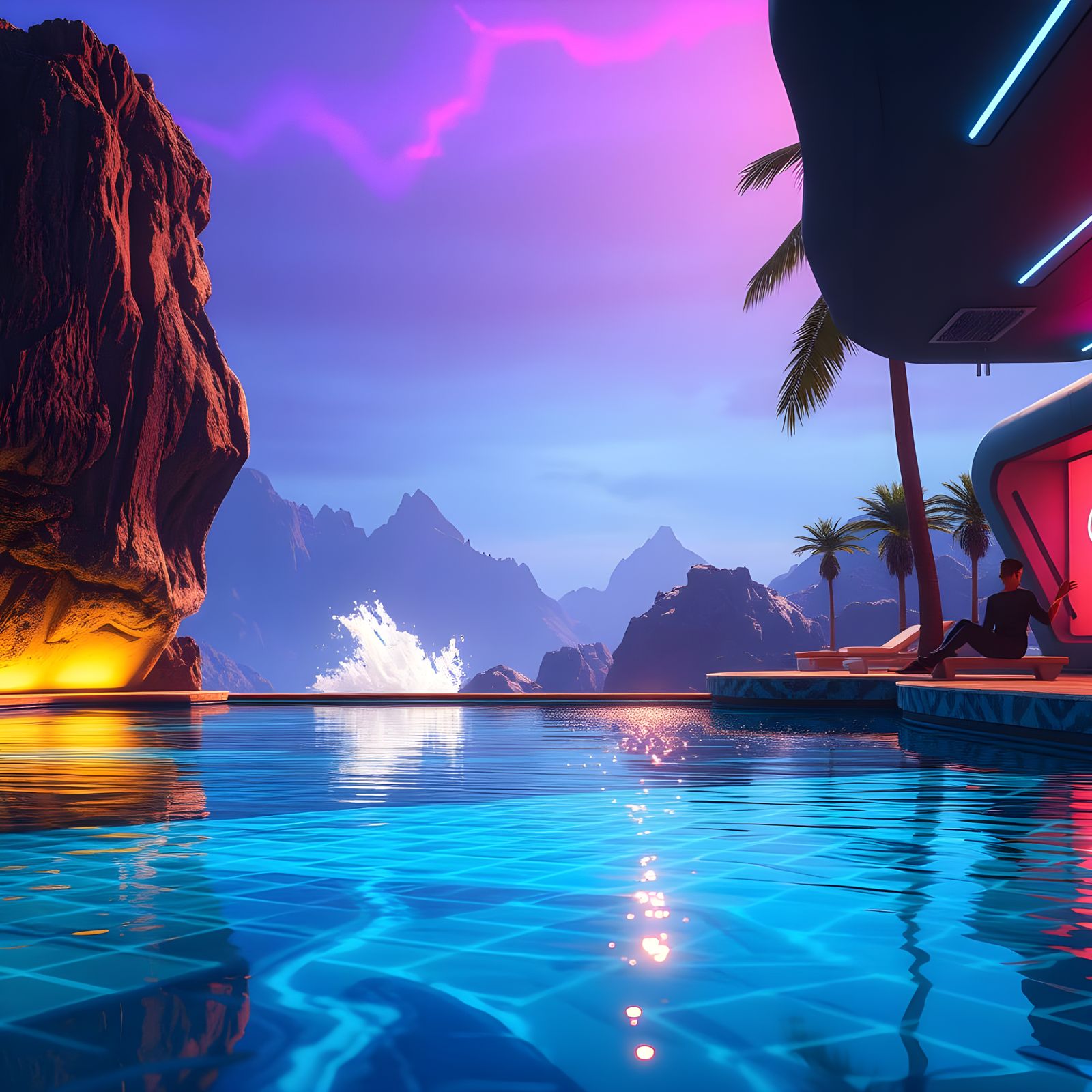 Vibrant Poolside Scene in Hyperrealistic Splash Art Style