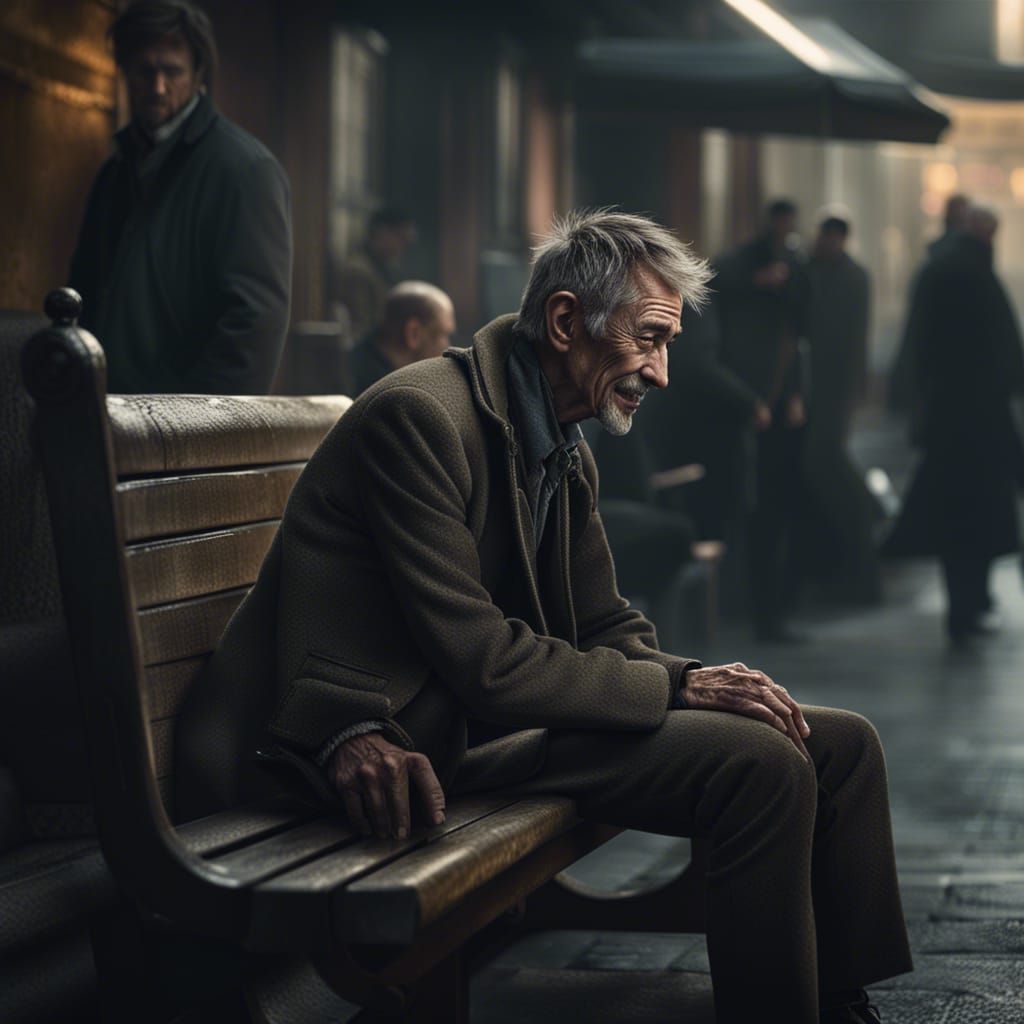 Malnourished Man on Bench: Dramatic Digital Painting