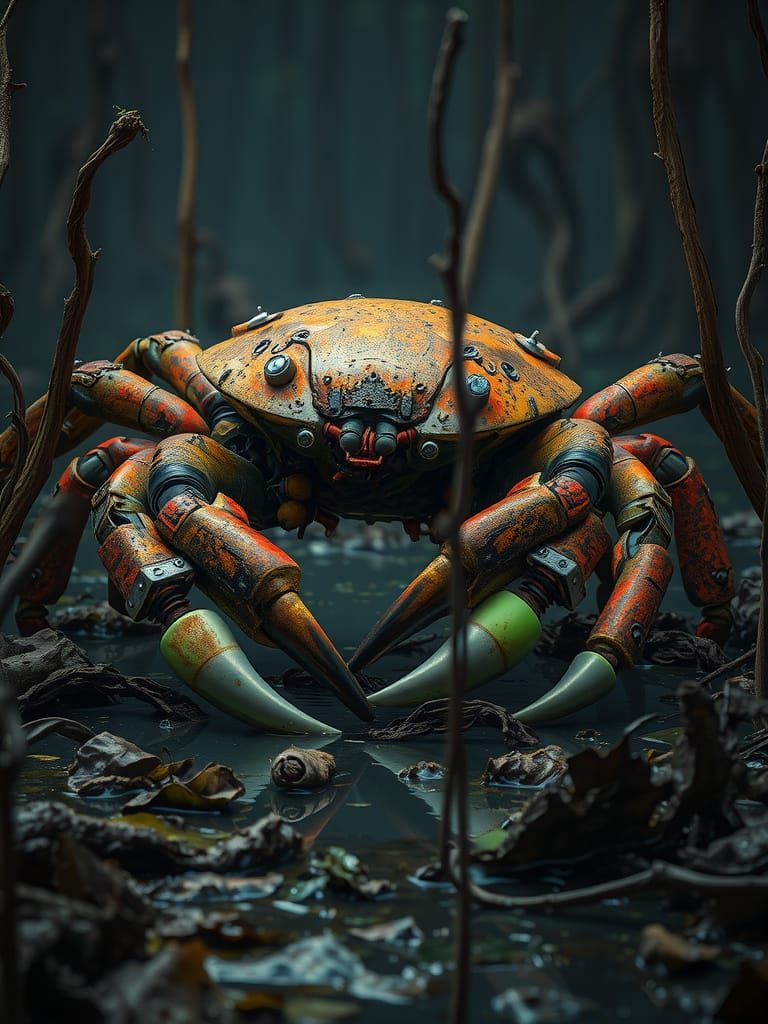 Rusted Cybernetic Crab Crawls Dystopian Wetlands