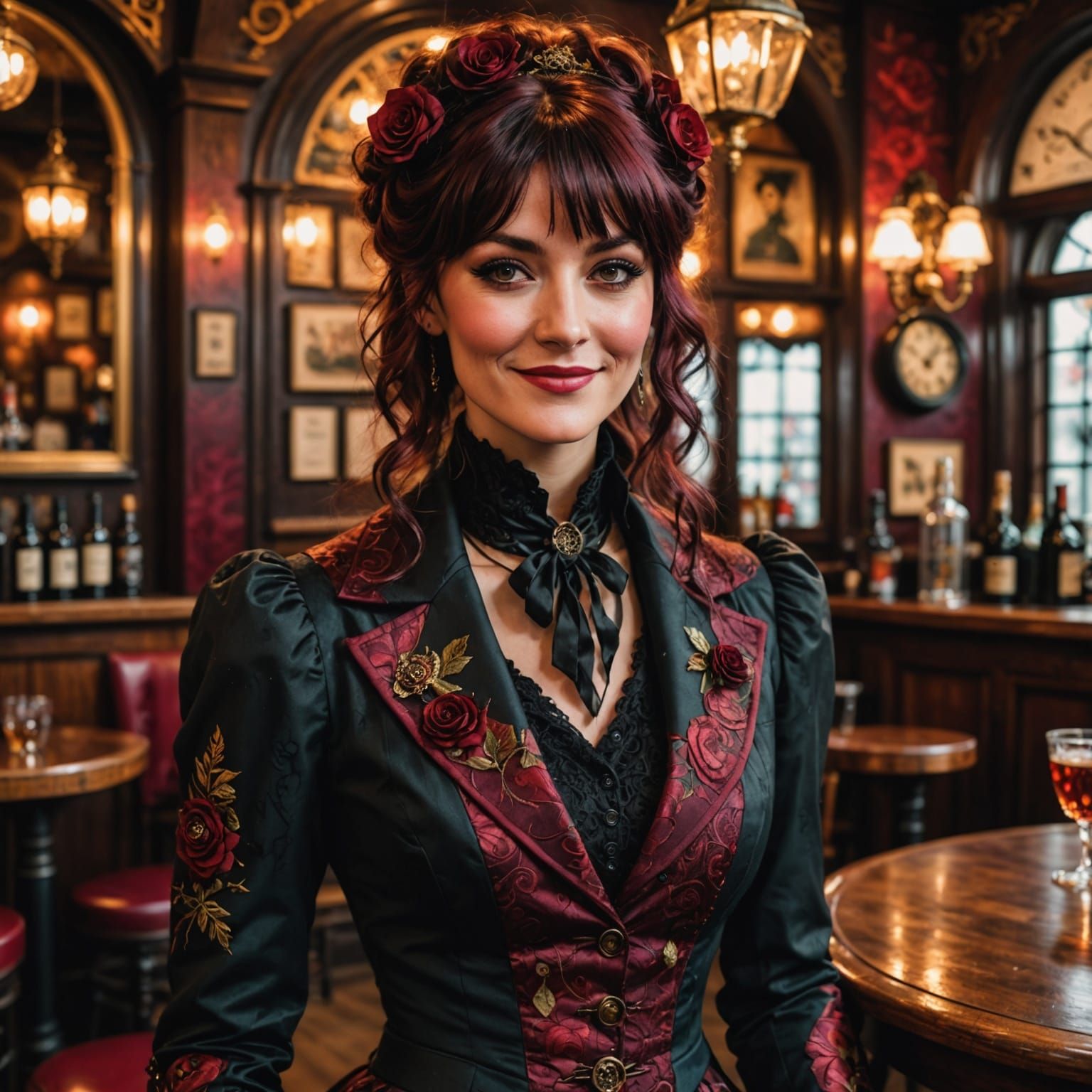 Steampunk Siren in Rose Embroidered Suit Smiles in Pub