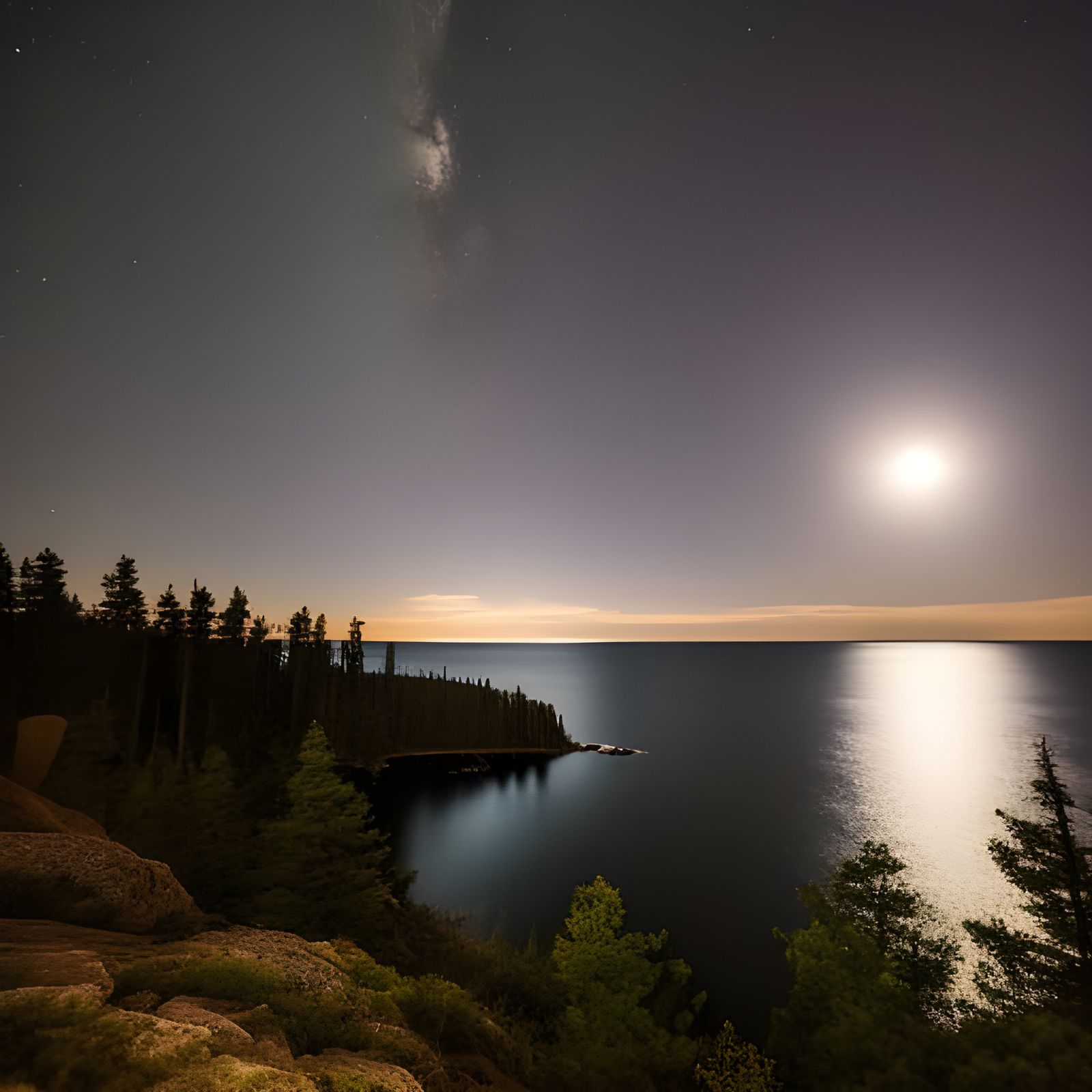 Lake Superior Starry Night Photography with Full Moon
