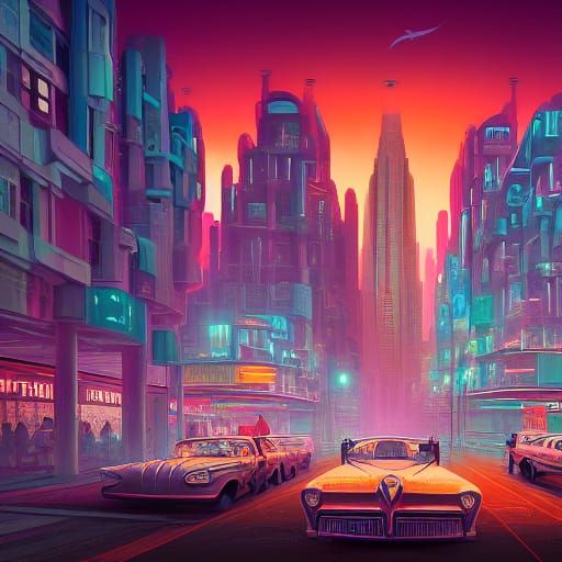 Retrofuturistic NYC Street View in Digital Art