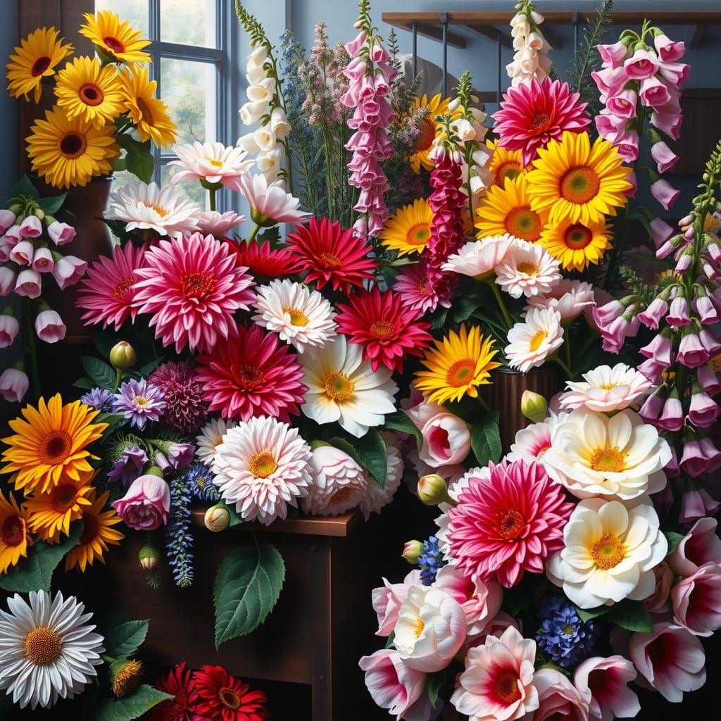 Florist's Shop with Flowers in Oil Painting Style