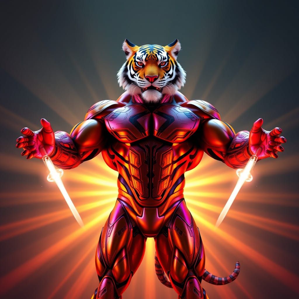 Cyberpunk Tiger Superhero Unleashes Quantum Power