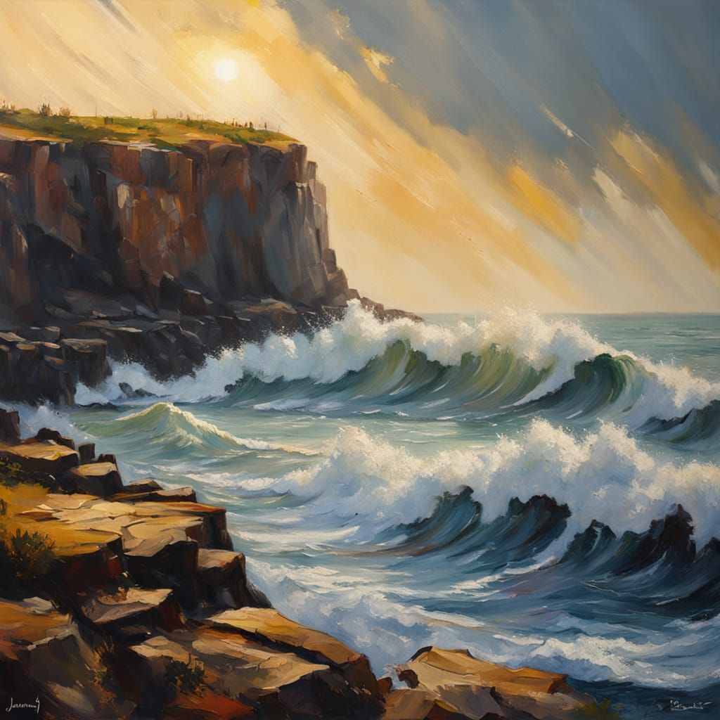 Waves Crashing on Cliffs: Oil Painting in Realistic Style