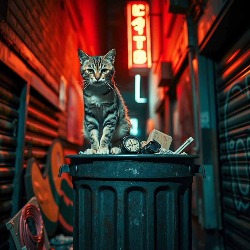 A tabby cat perched precariously on the edge of a overflowing trash can, bathed in the soft glow of a neon street light,...