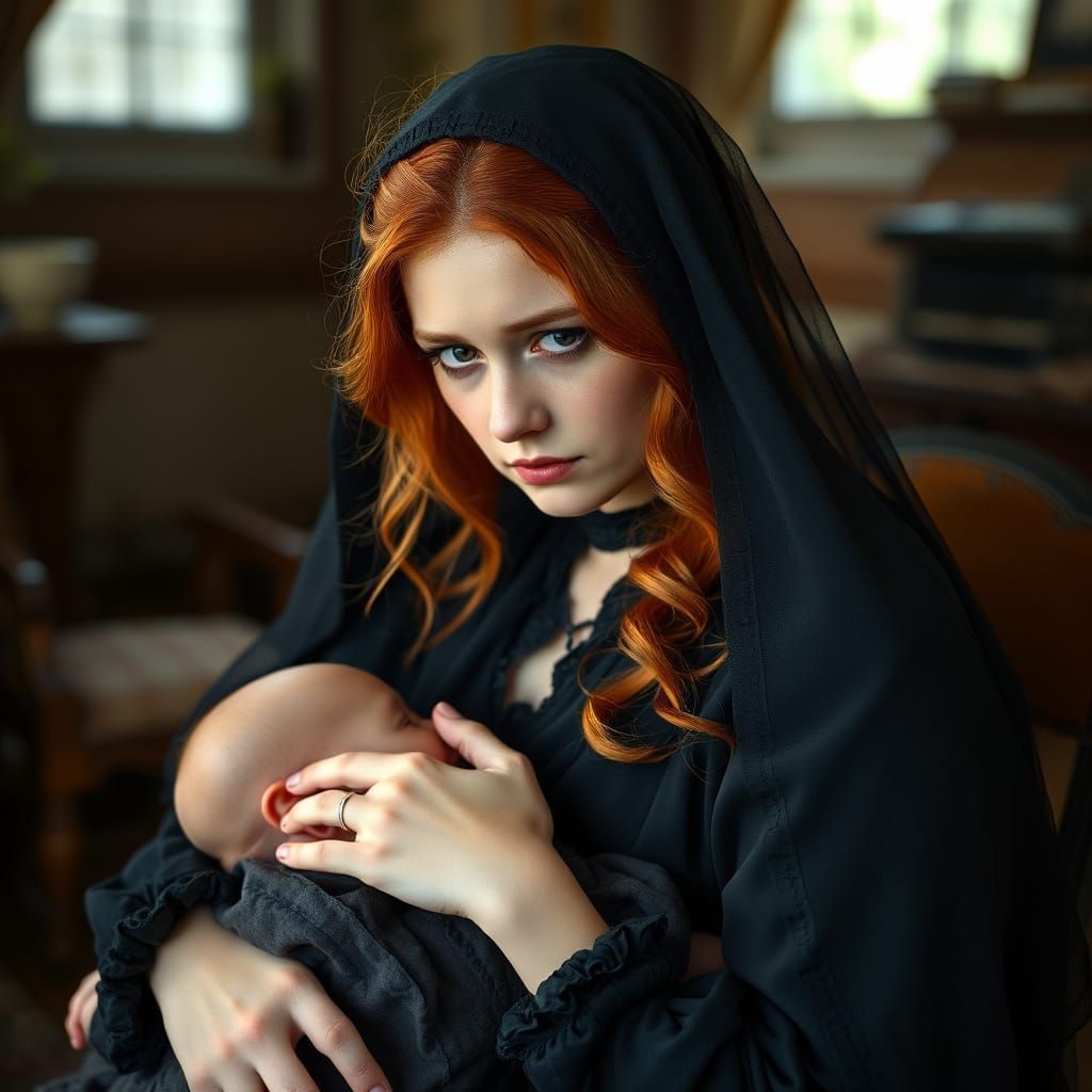 Mother's Resilience in a Victorian Mourning Attire