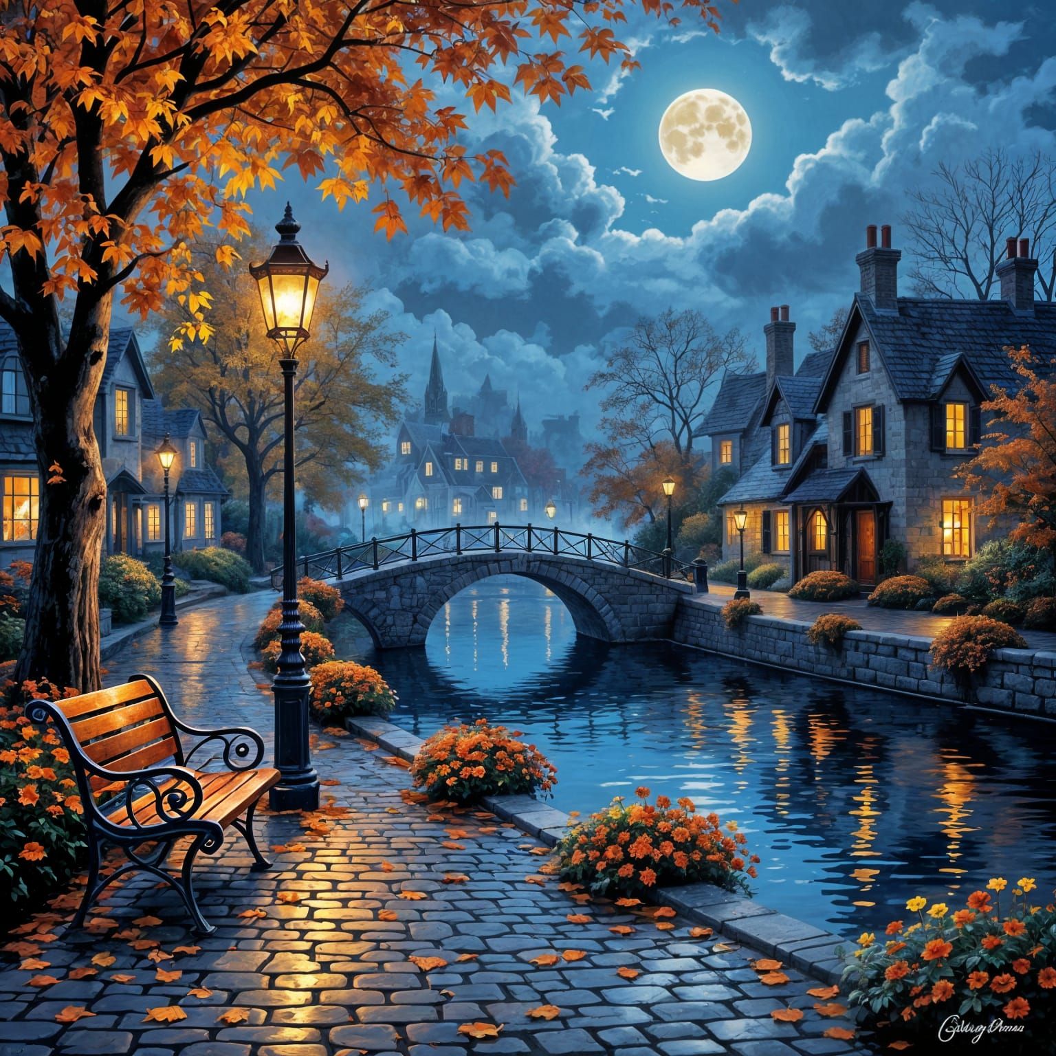 Romantic Autumn Village Night Scene by Canal