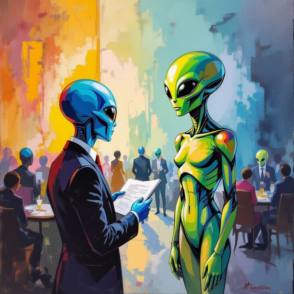 People Queue to Work for Aliens: Gouache Impressionism