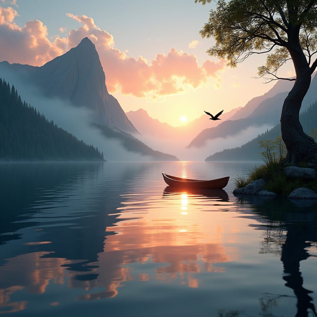 Sunset Lake Landscape with Mountains in Matte Painting Style