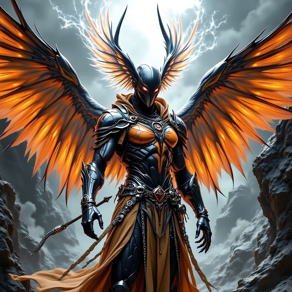 <lora:Armored Fantasy:1.0> Aarakocra, with wings out, ranger wearing leather armour, handsome. "a masterpiece, 8k resolu...