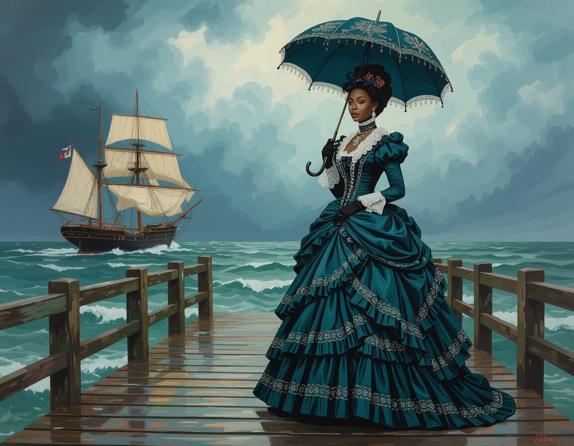 Victorian Woman on Pier with Ornate Umbrella