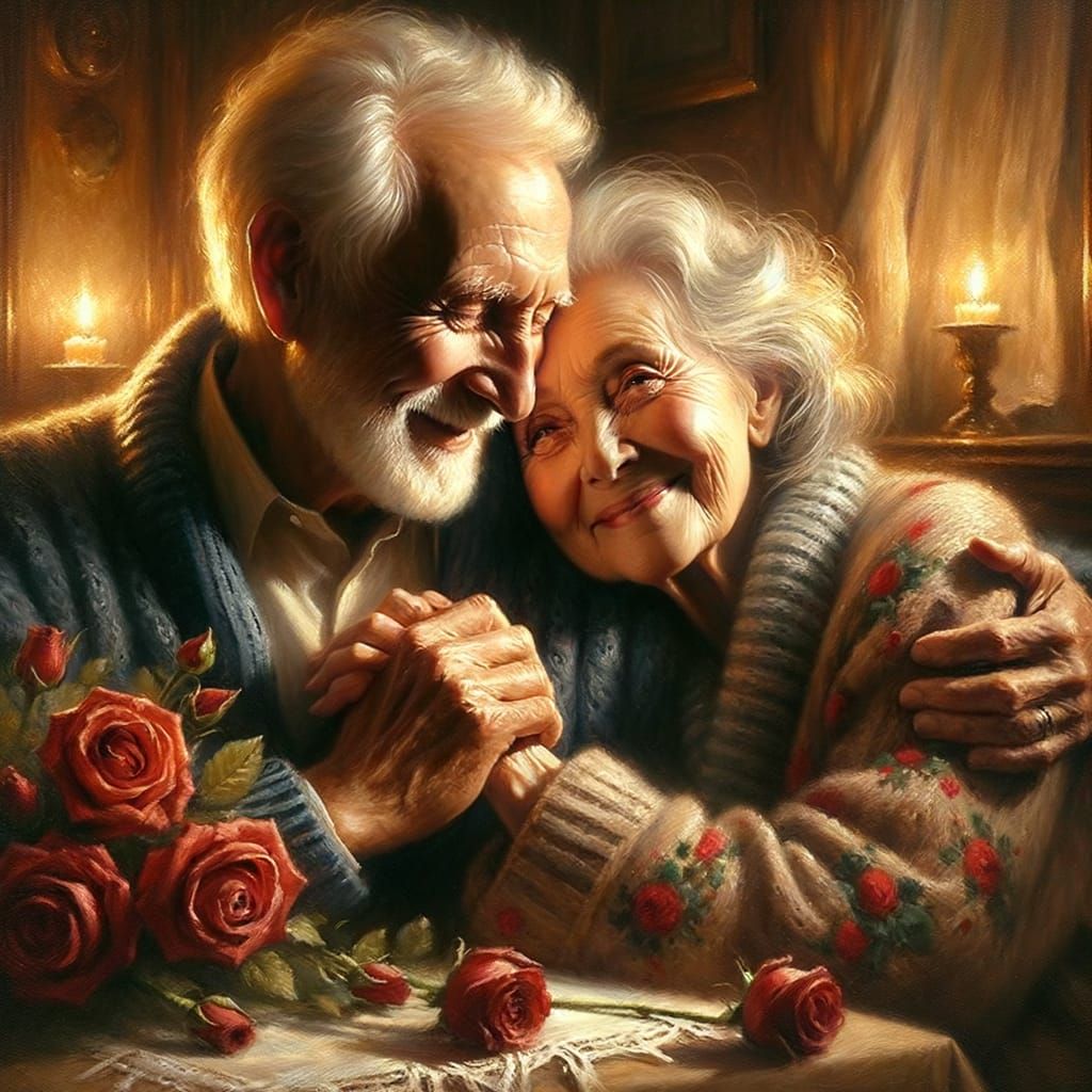 Elderly Couple's Loving Embrace in Golden Hues