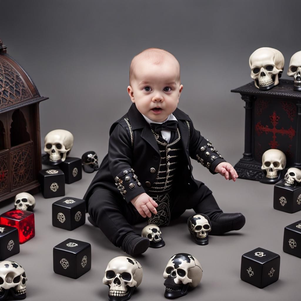 Gothic Baby Boy Playing with Skulls