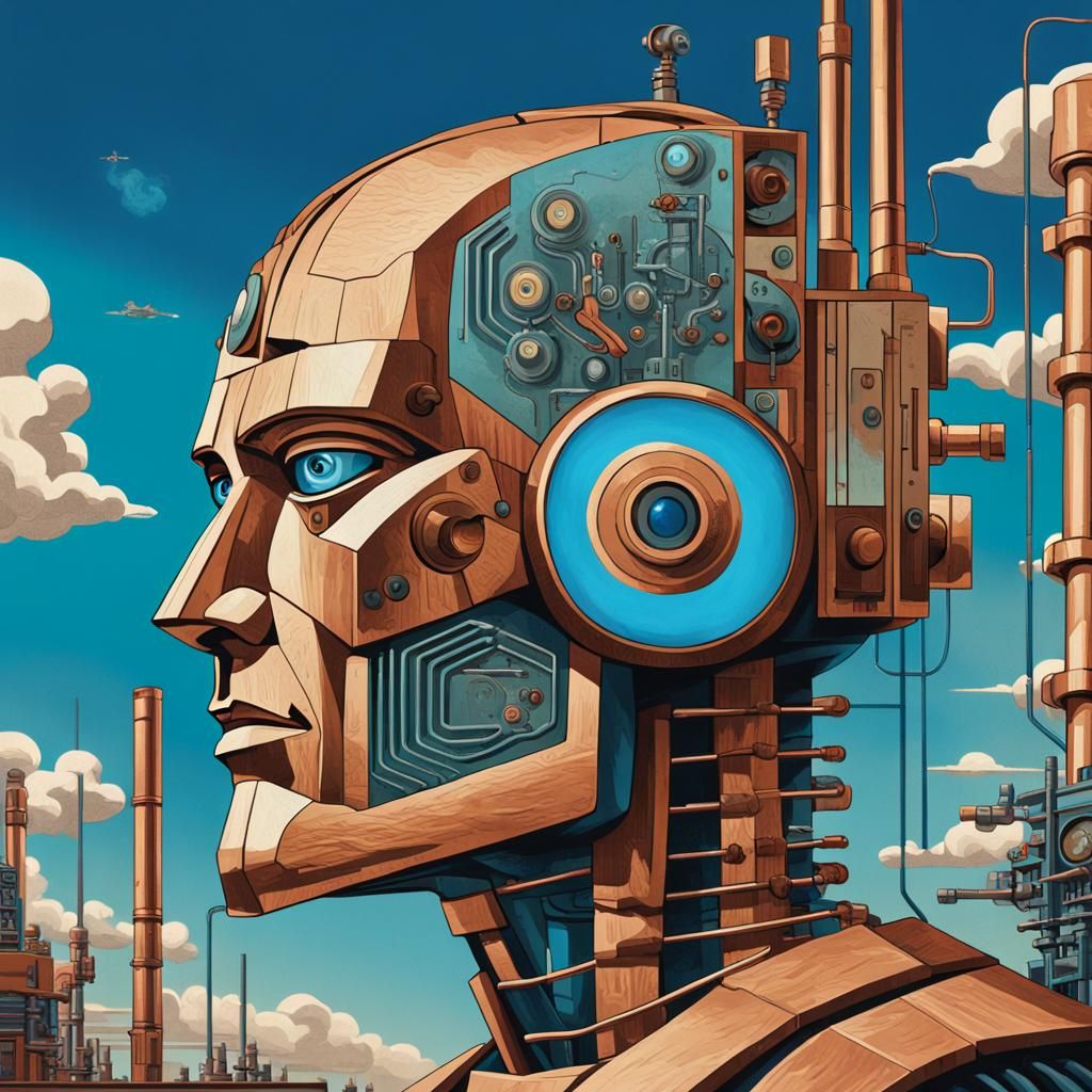 Futurist Propaganda Poster of Wooden Steampunk Cyborg