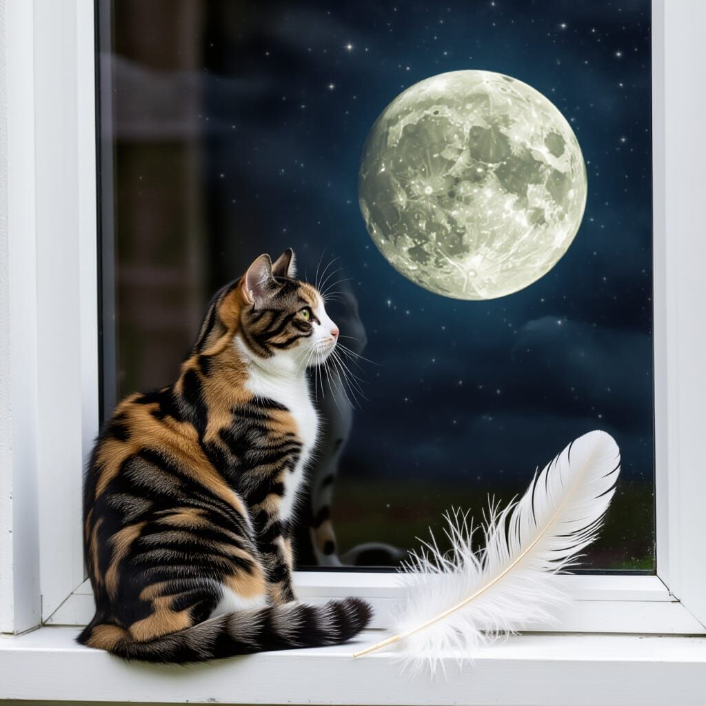Calico Cat in Window Gazes at Full Moon Double Exposure