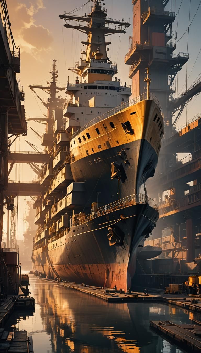 Shipyard Sunrise: Concept Art of a Majestic Vessel