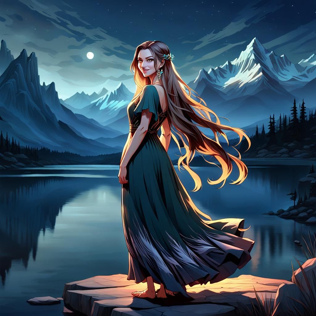 Smiling Girl at Night Lake: Dark Fantasy Concept Art