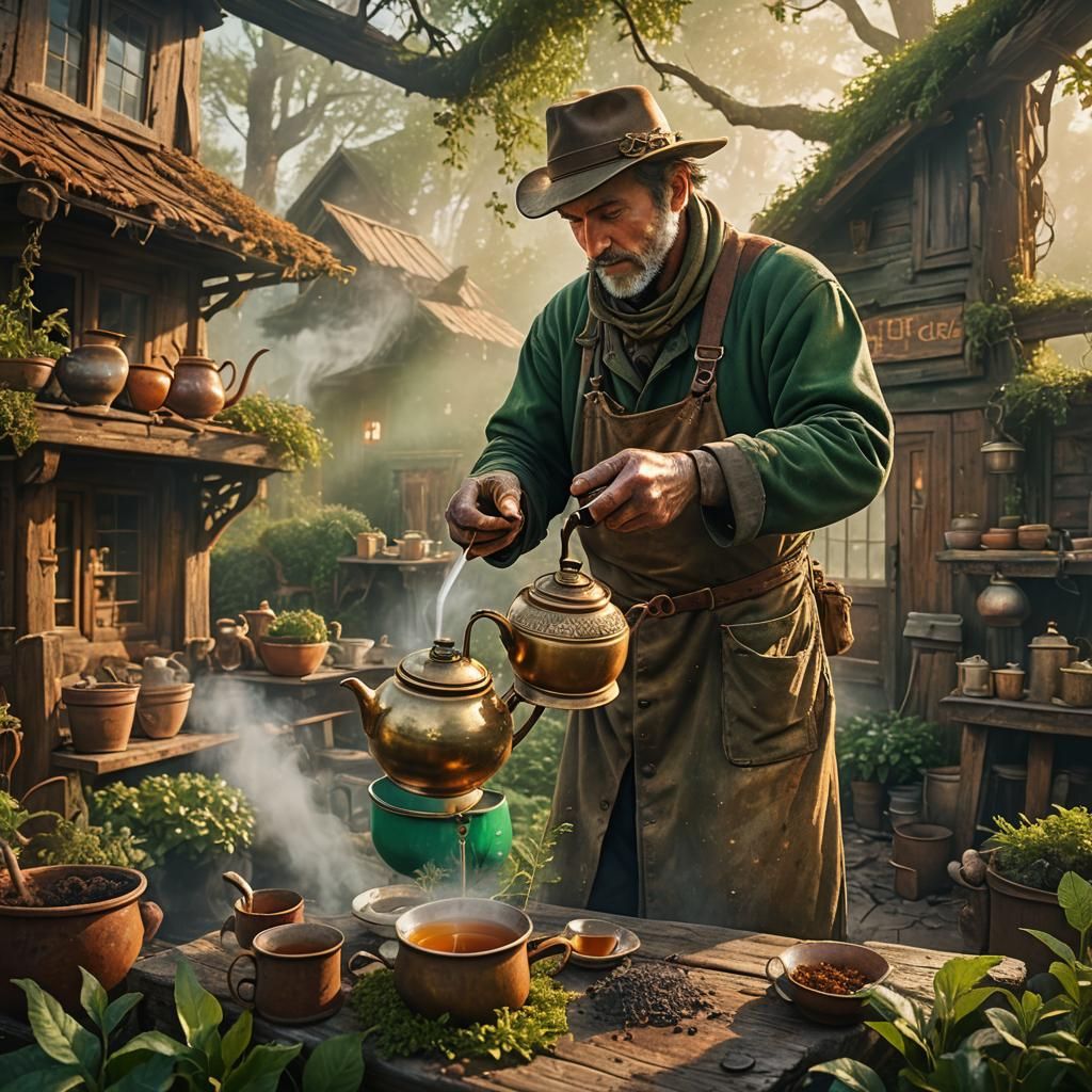 Fantasy Farmer Pouring Tea in Matte Painting