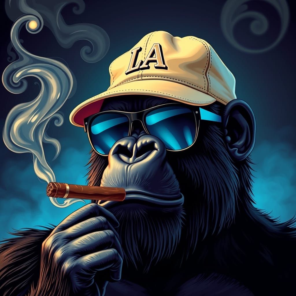 Gorilla with Cigar and Baseball Cap in Futuristic Style