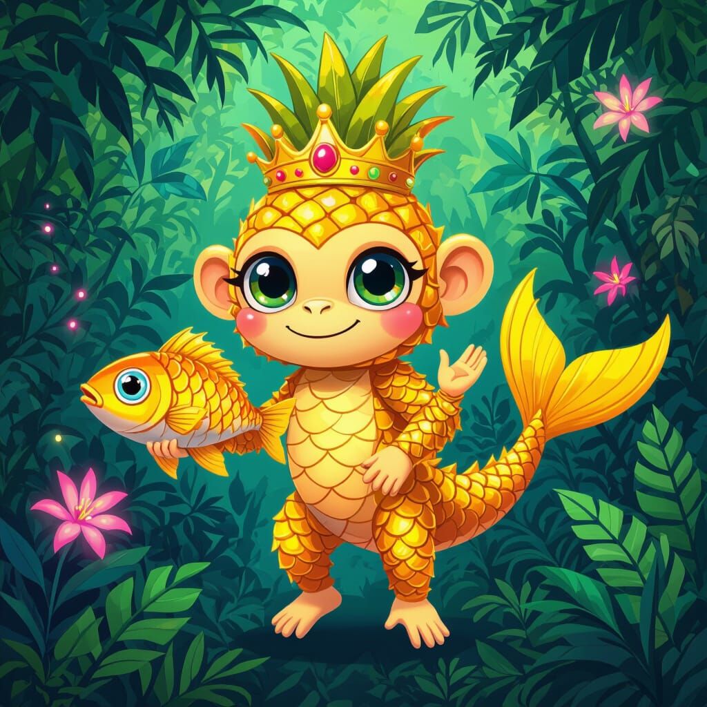 Pineapple Monkey Creature in Cartoon Style