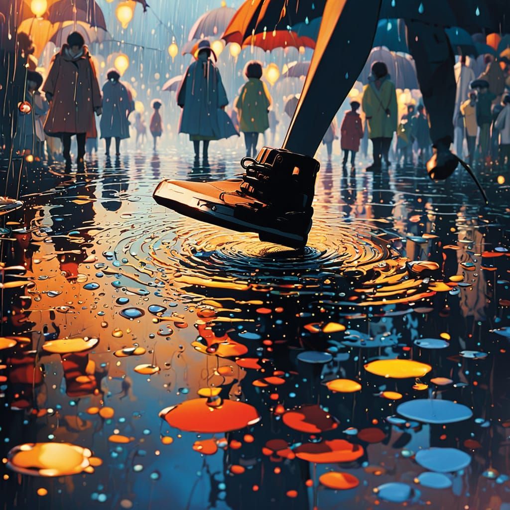 Rainy Day Scene in Vibrant Anime Style