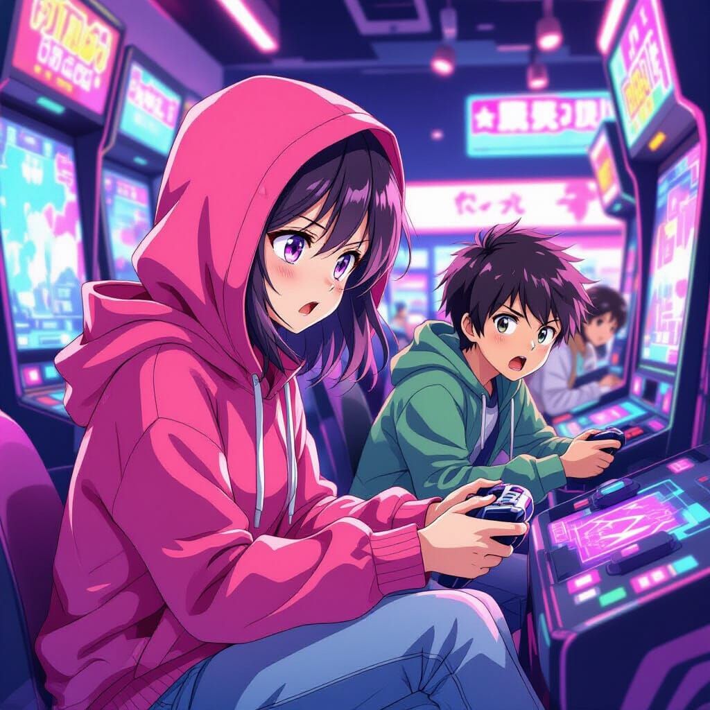 Anime Girl Wins Video Game in Arcade, Digital Painting Style