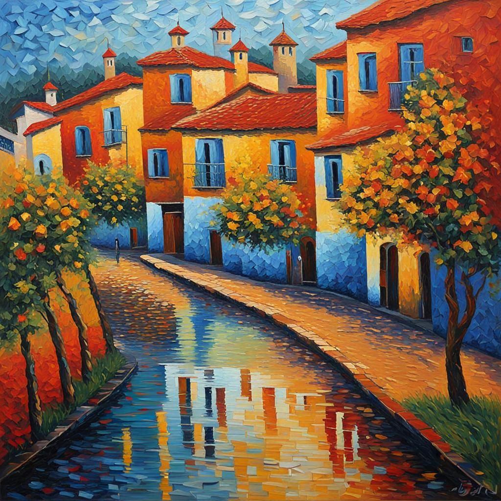 Italian Landscape in Neo-Impressionist Oil Painting
