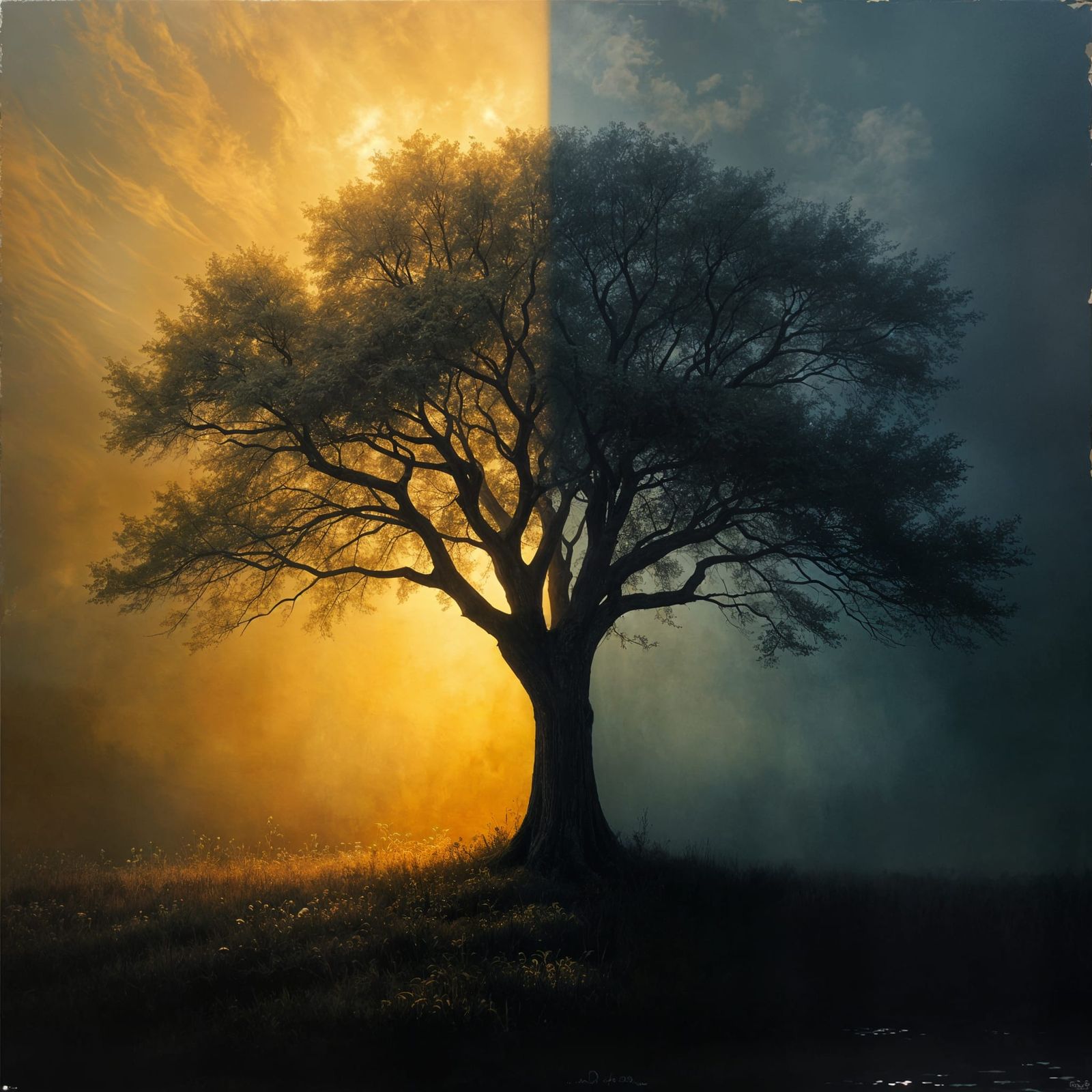 Reflected Tree in Brilliant Light and Deep Shadow