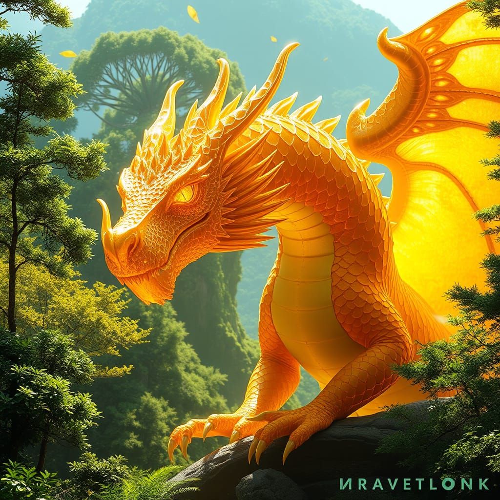 Majestic Citrine Dragon in Vibrant Yellow Forest