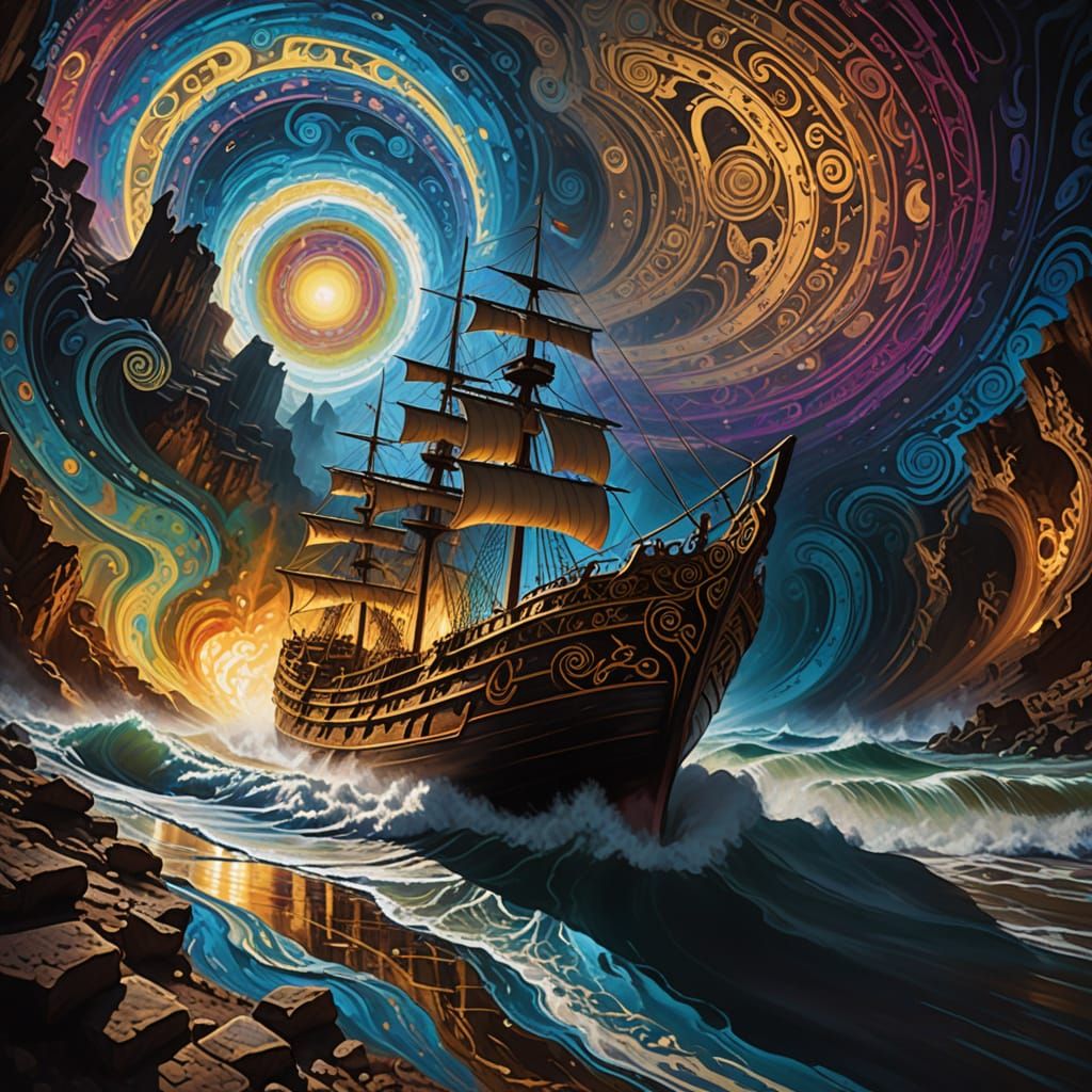 Ship Speeding Through Liquid Light Vortexes