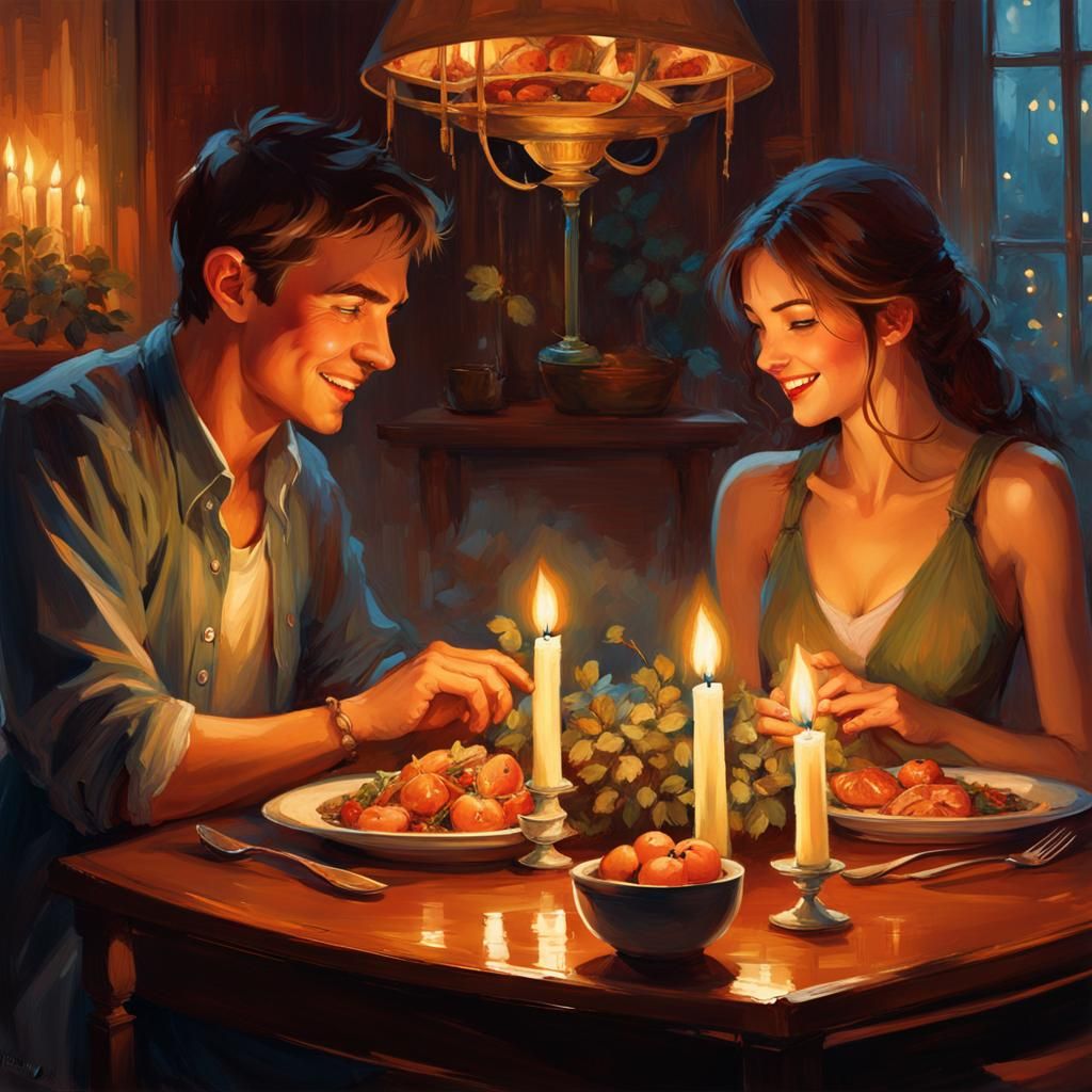 Romantic Candlelight Dinner: Digital Painting of Young Coupl...