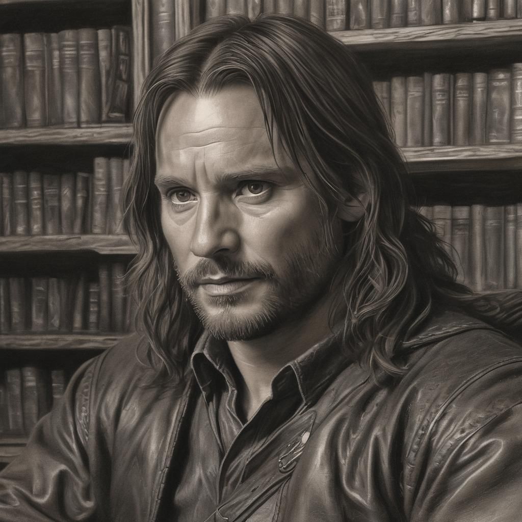 Aragorn in Dimly Lit Study, Charcoal Drawing