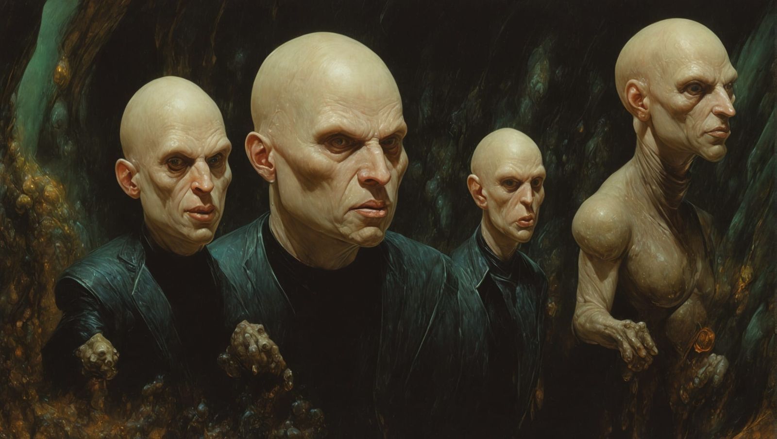 Pale Humanoids with Oversized Heads in Retro Sci-Fi Style