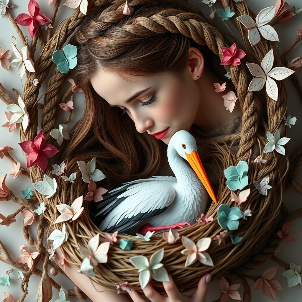 Braided Hair Nest with Stork in Dreamy Pop Surrealism