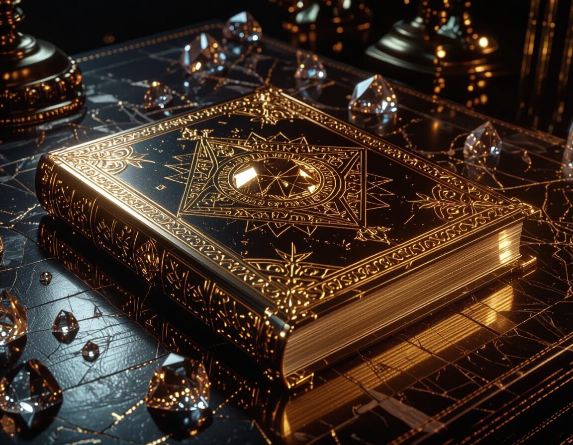 Ornate Gold Diamond Notebook with Ethereal Lighting